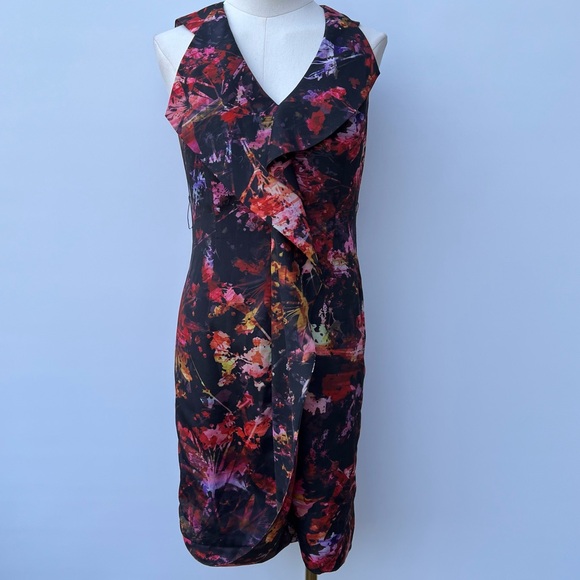 Karen Millen Black & Multicolor Abstract Floral Print Sheath Dress Sz 4 - Picture 16 of 16
